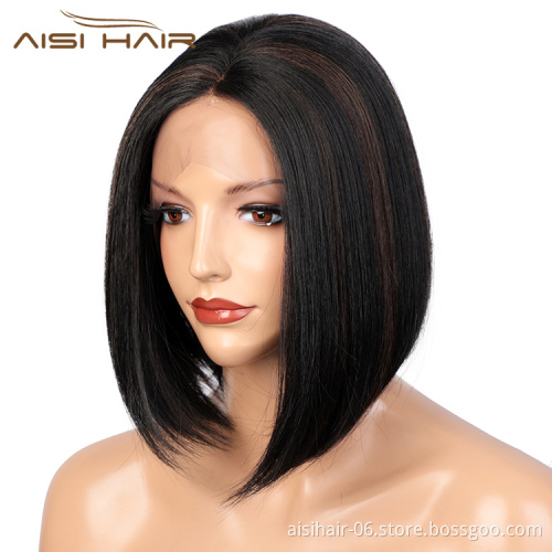 Aisi Hair Fashion Mixed Black Brown Short Bob Wig Wholesale Silky Straight Natural Wave Wig Synthetic Hair Wigs For Black Women
